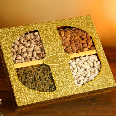 4 partition dry fruit box Medium with almonds, cashews, pistachios and raisins - Occasions Diwali gift