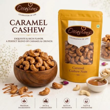 Caramel Cashew Nuts by Occasions Dry Fruit in a wooden bowl with gold pouch and caramel sauce