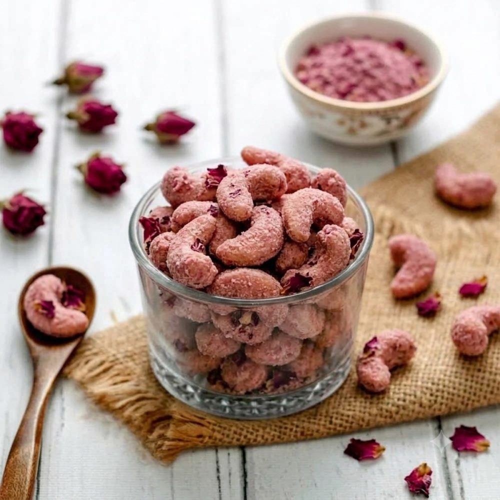 rose flavour cashew nuts glass jar