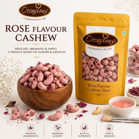 Rose Flavour Cashew Nuts by Occasions Dry Fruit in a wooden bowl with gold pouch and dried rose buds