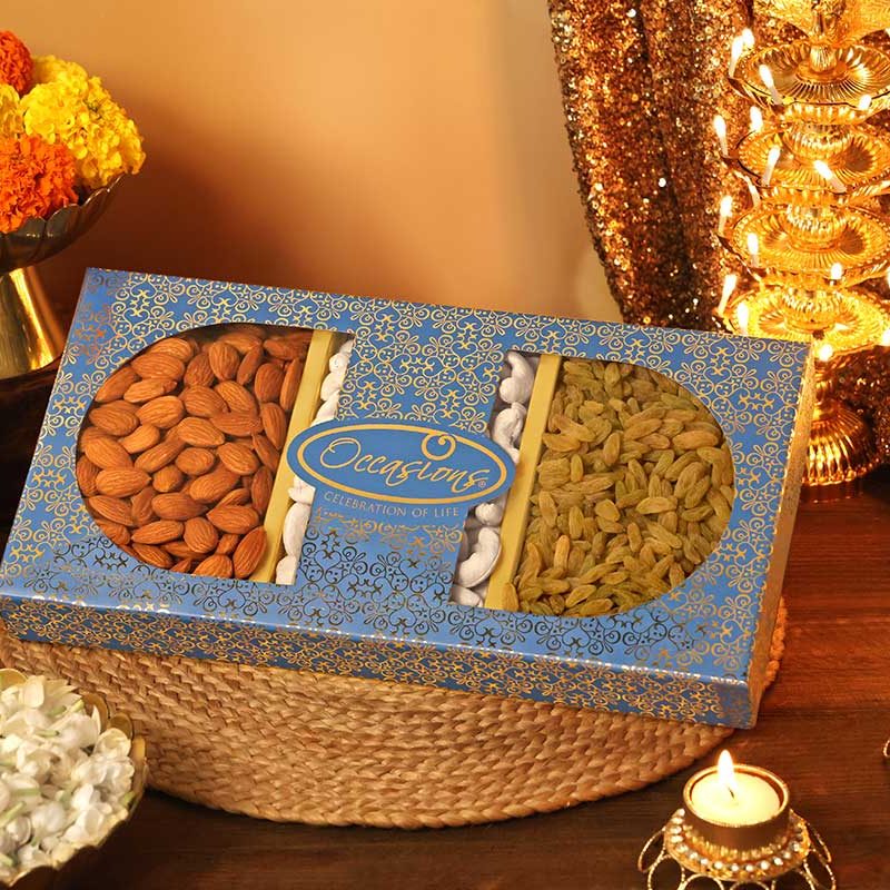 3 partition dry fruit box with almonds, cashews and raisins - Occasions Diwali gift