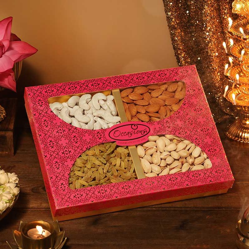 Diwali dry fruit gift box 4 partition Big with almonds, cashews, pistachios and raisins - Occasions