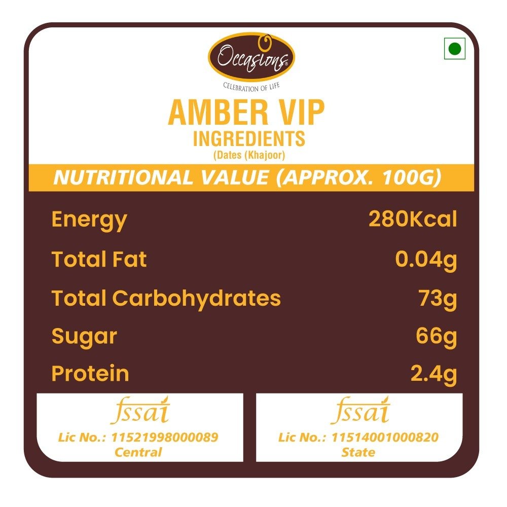 Occasions Dry Fruit premium Amber VIP Dates close-up – soft, caramel-sweet Saudi Arabian dates